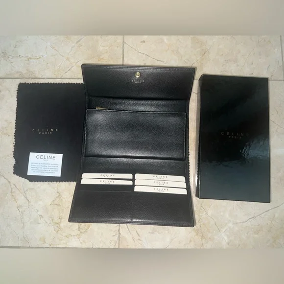Vintage Céline Long Continental Wallet Black Calfskin Gold Snap + Full Set - Picture 4 of 12